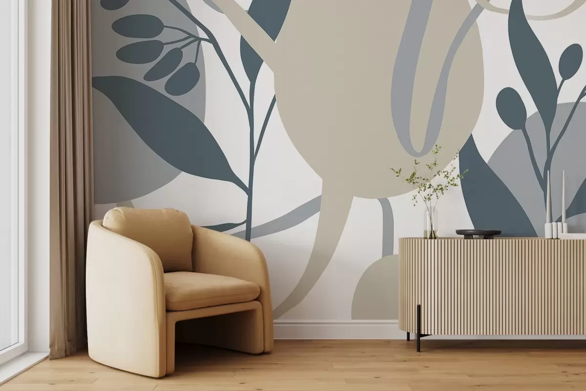 Fotobehang Een minimalistische abstracte bloemenprint met beige en grijze vormen tegen een witte achtergrond w08400