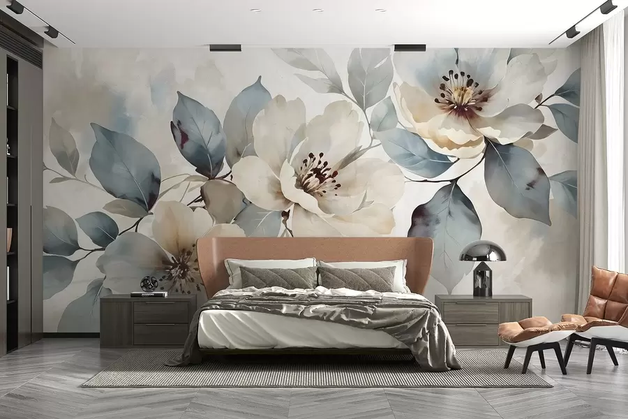Fotobehang Delicaat bloemstuk met aquarelstructuur in wit en blauw, met zachte bloemblaadjes en hartjes w08401