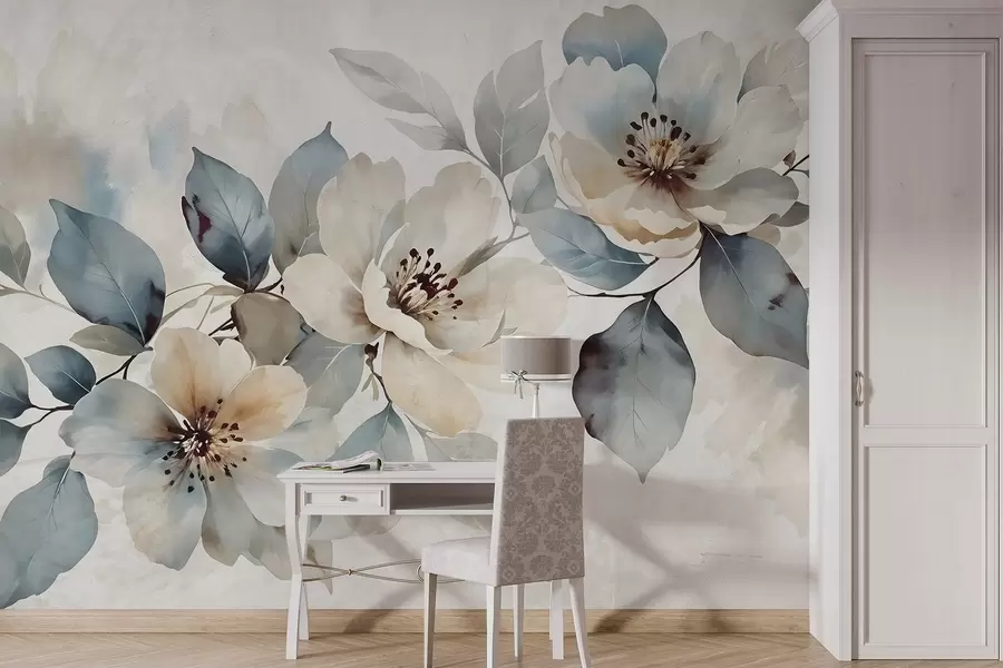 Fotobehang Delicaat bloemstuk met aquarelstructuur in wit en blauw, met zachte bloemblaadjes en hartjes w08401