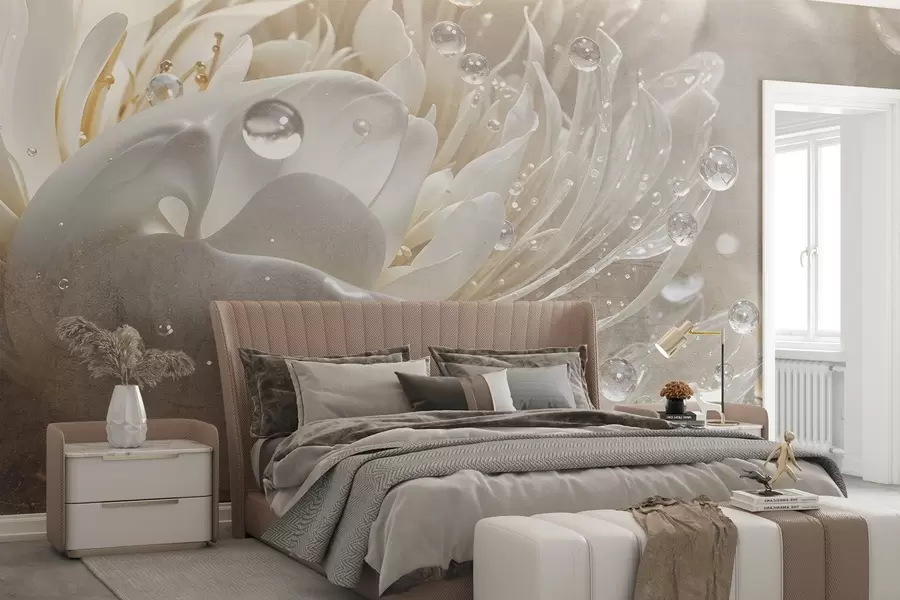 Fotobehang Een close-up van een beige pioenbloem met waterdruppels op de tere bloemblaadjes, waardoor een zachte sfeer ontstaat w08402