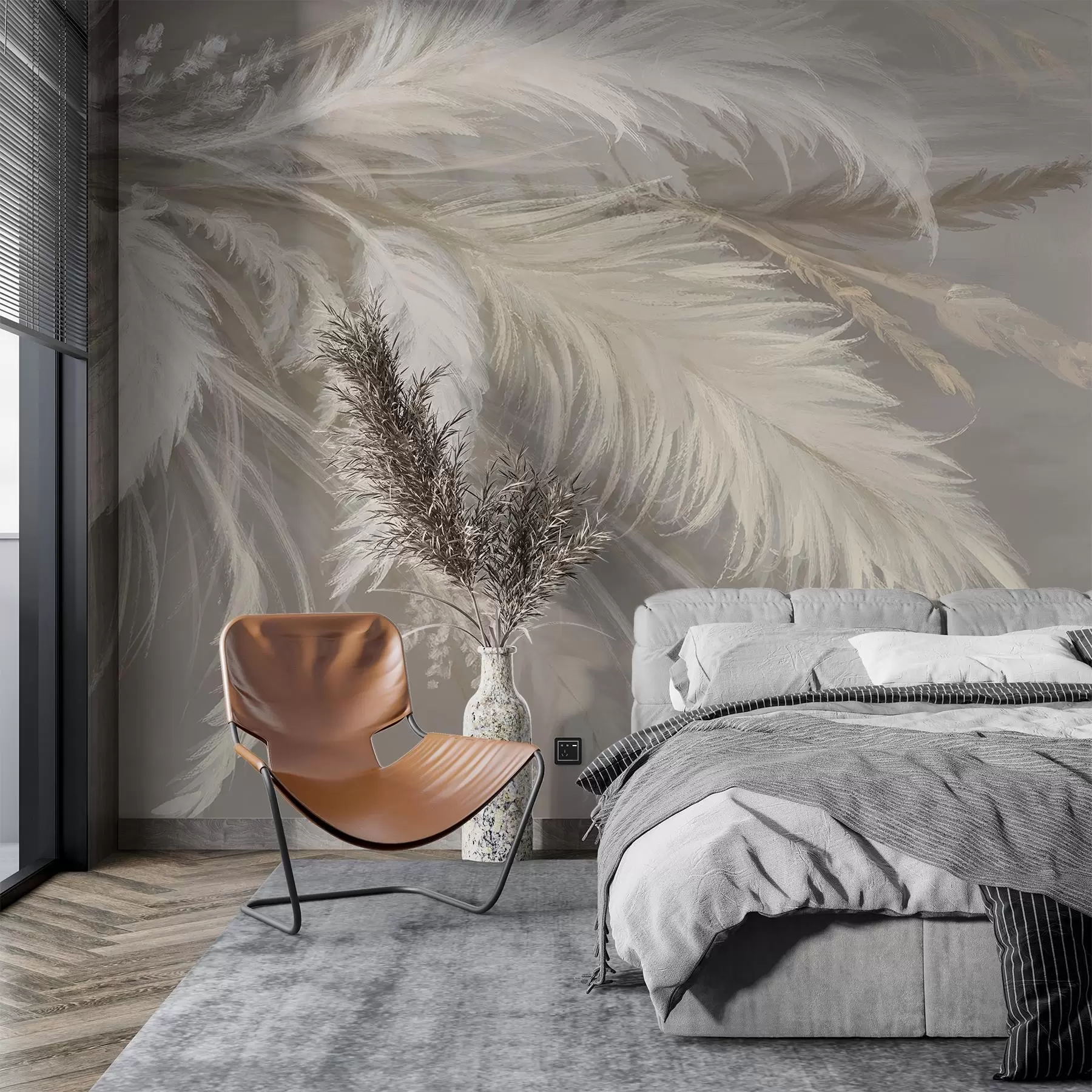 Fotobehang Zachte, pluizige witte veren en gedroogde bloemen tegen een neutrale pastelbeige achtergrond w08403