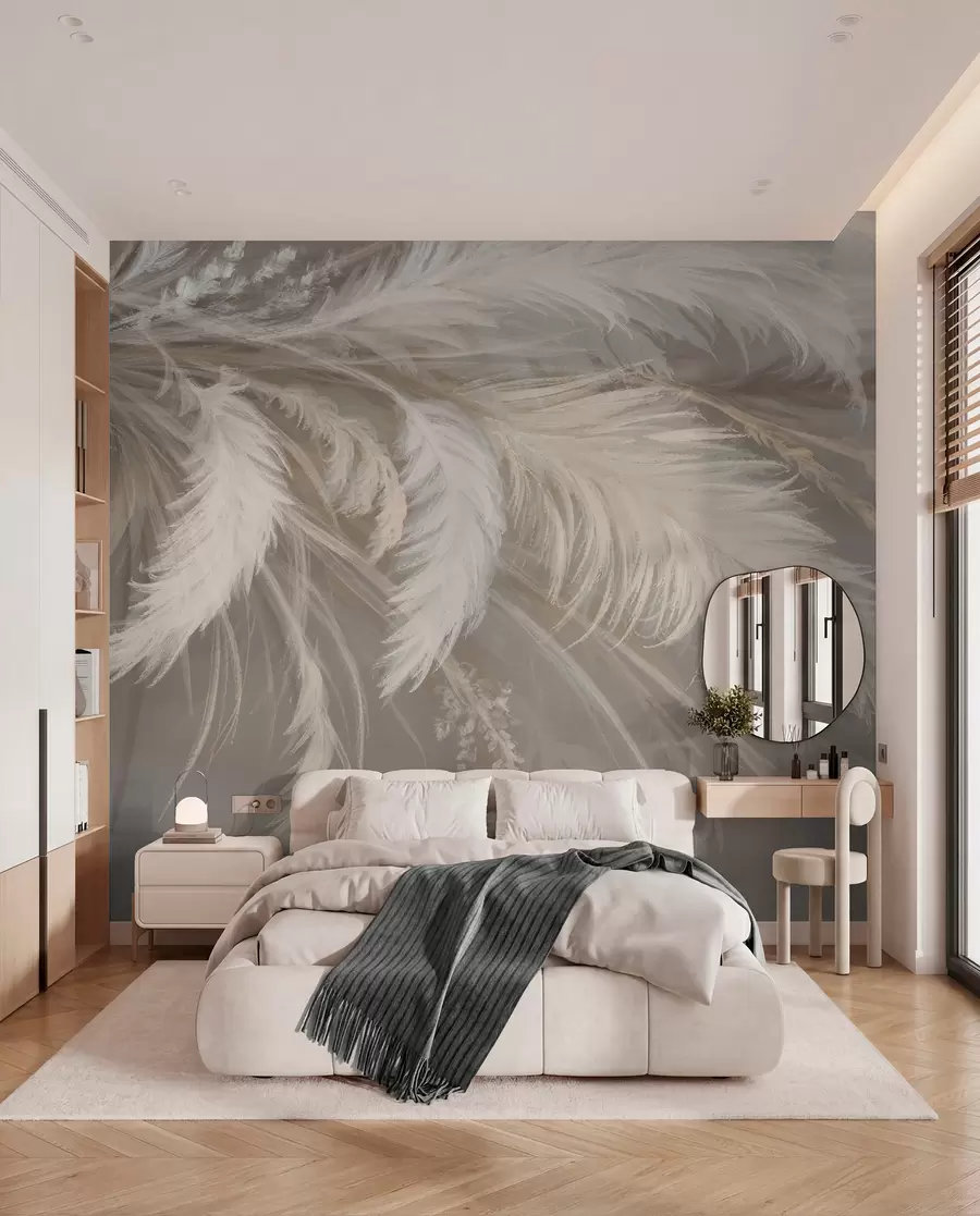 Fotobehang Zachte, pluizige witte veren en gedroogde bloemen tegen een neutrale pastelbeige achtergrond w08403