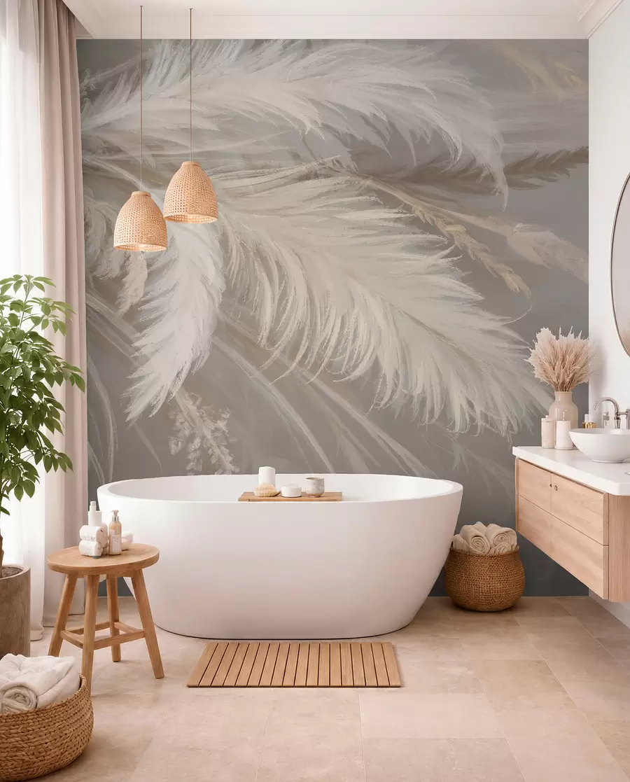 Fotobehang Zachte, pluizige witte veren en gedroogde bloemen tegen een neutrale pastelbeige achtergrond w08403