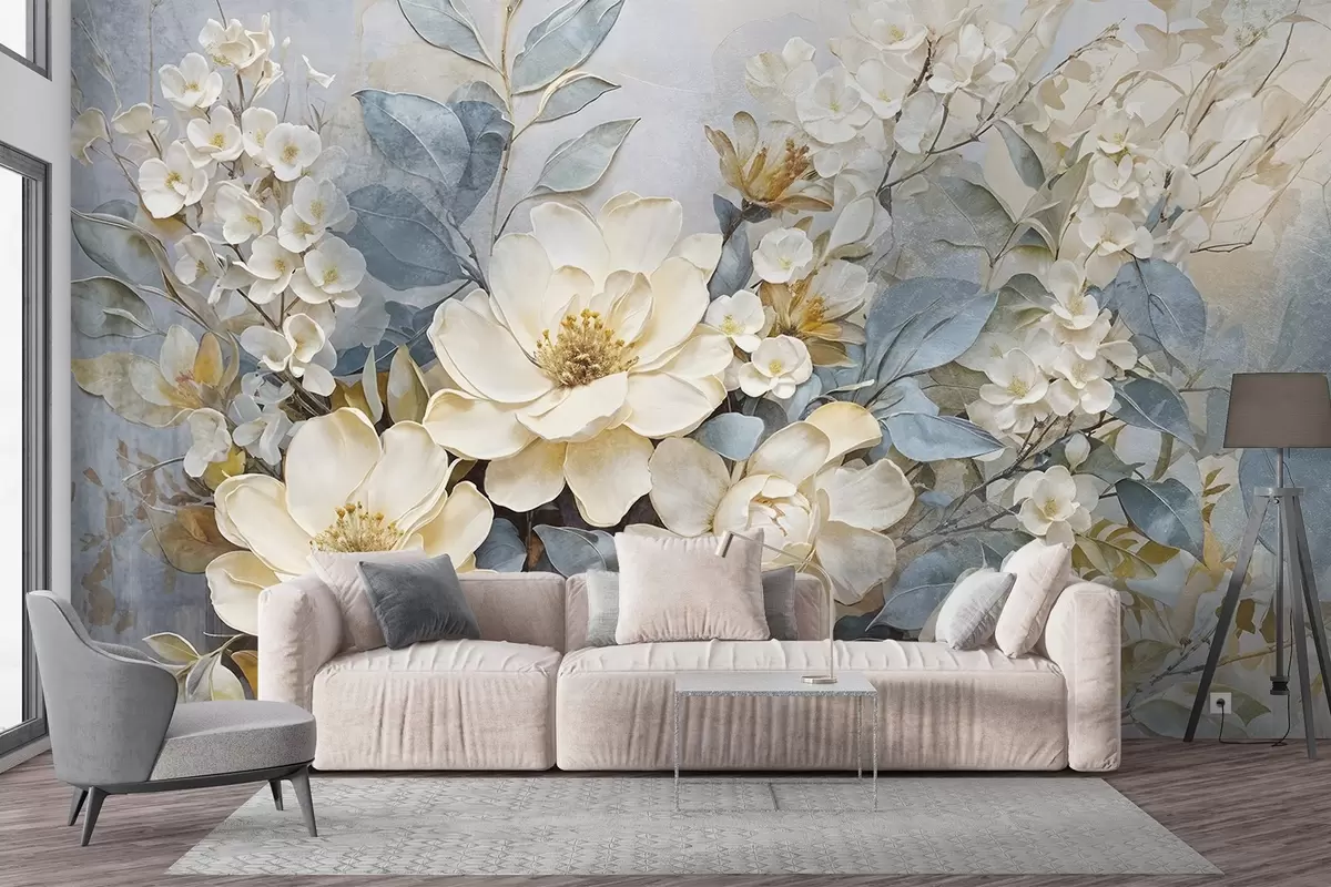 Fotobehang Gestructureerde grote witte en lichtgele bloemen met grijsgroene bladeren tegen een zachte, onscherpe achtergrond w08404