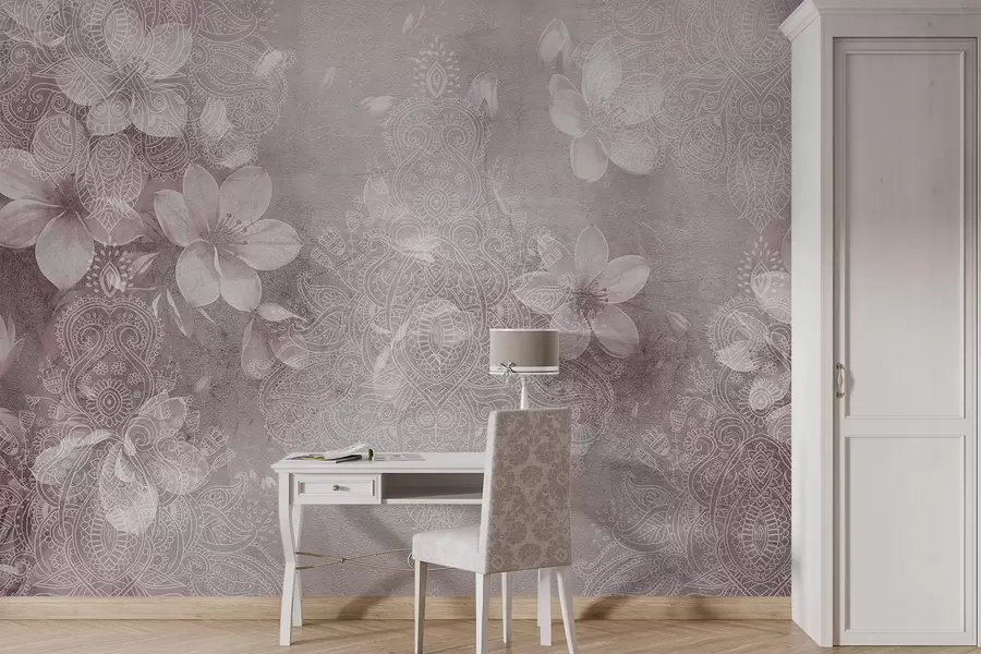 Fotobehang Zachte focus tekening van delicate witte bloemen op een wazige getextureerde kant bordo achtergrond w08405v2
