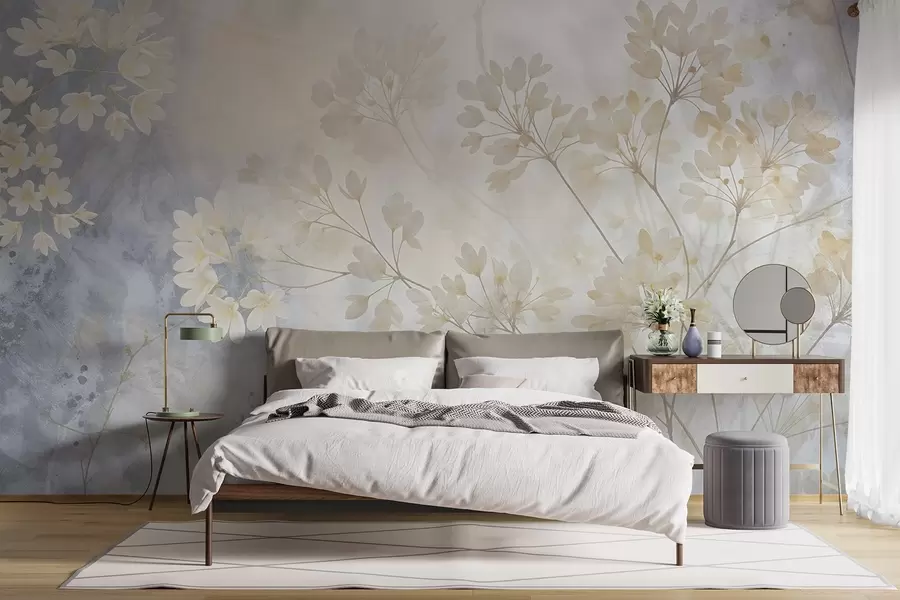 Fotobehang Delicate abstracte pastelprint van witte bloemen op onscherpe achtergrond, zacht en etherisch w08408