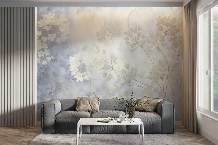 Fotobehang Delicate abstracte pastelprint van witte bloemen op onscherpe achtergrond, zacht en etherisch w08408