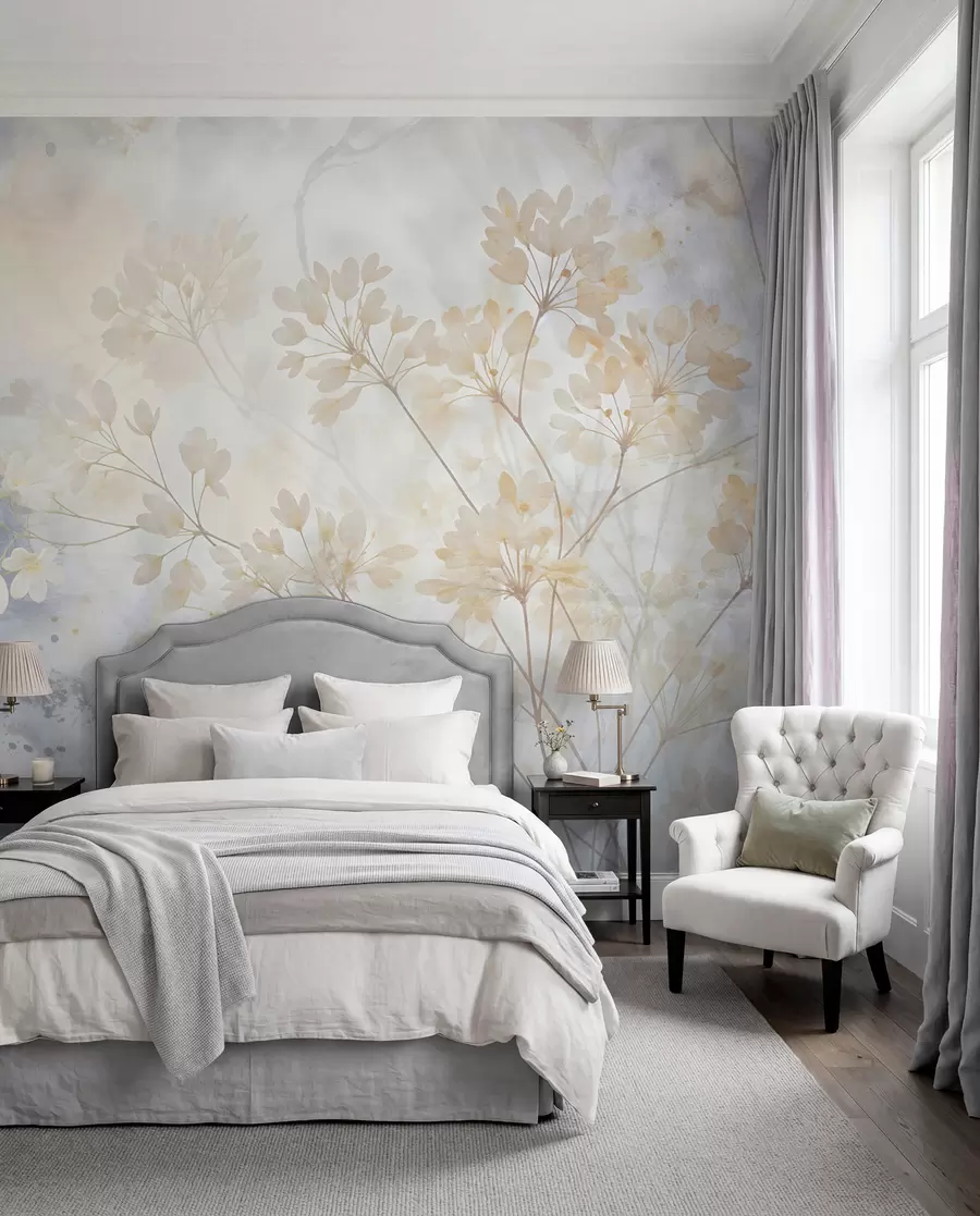 Fotobehang Delicate abstracte pastelprint van witte bloemen op onscherpe achtergrond, zacht en etherisch w08408