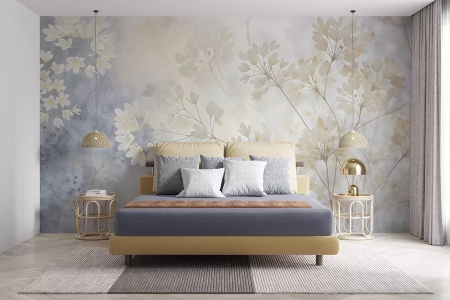Fotobehang Delicate abstracte pastelprint van witte bloemen op onscherpe achtergrond, zacht en etherisch w08408