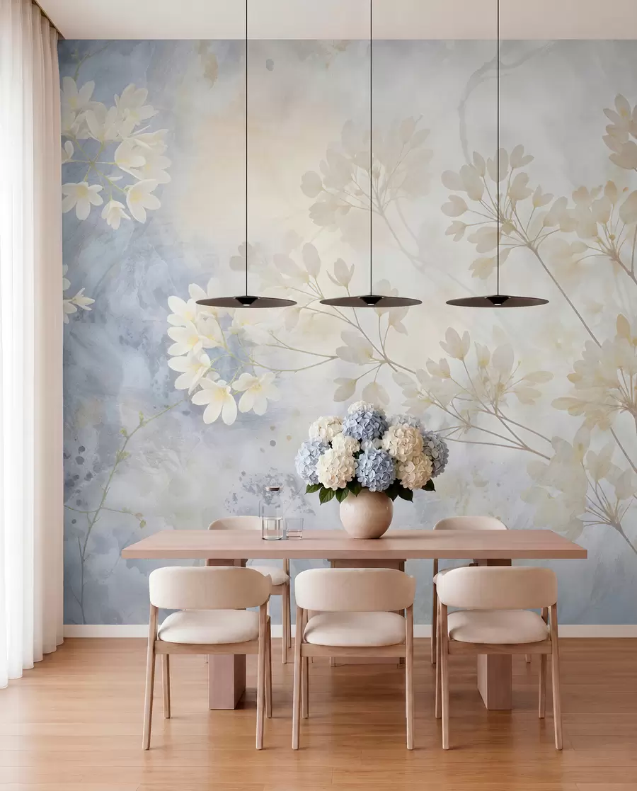 Fotobehang Delicate abstracte pastelprint van witte bloemen op onscherpe achtergrond, zacht en etherisch w08408