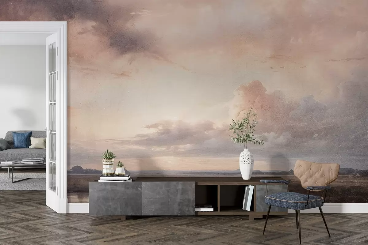 Fotobehang Dramatische textuurprint van een bewolkte lucht boven een rustig meer bij zonsondergang, met heuvels in de verte w08409