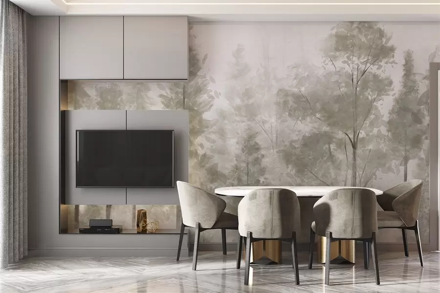 Fotobehang Hoge dennenbomen in een mistig bos, met een mistige, wazige sfeer w08411