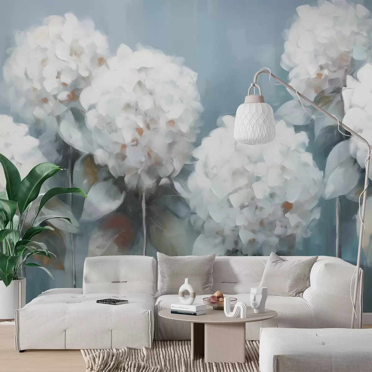 Fotobehang Witte hortensia's op een blauwe achtergrond w02159