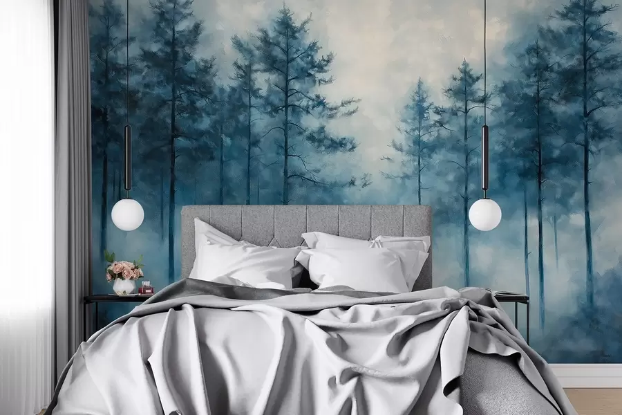 Fotobehang Mystiek bos, pijnbomen, mist, acrylverf, diepblauwe kleuren w02149