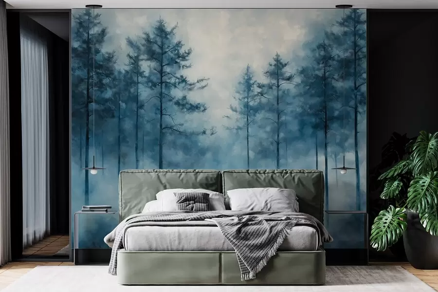 Fotobehang Mystiek bos, pijnbomen, mist, acrylverf, diepblauwe kleuren w02149