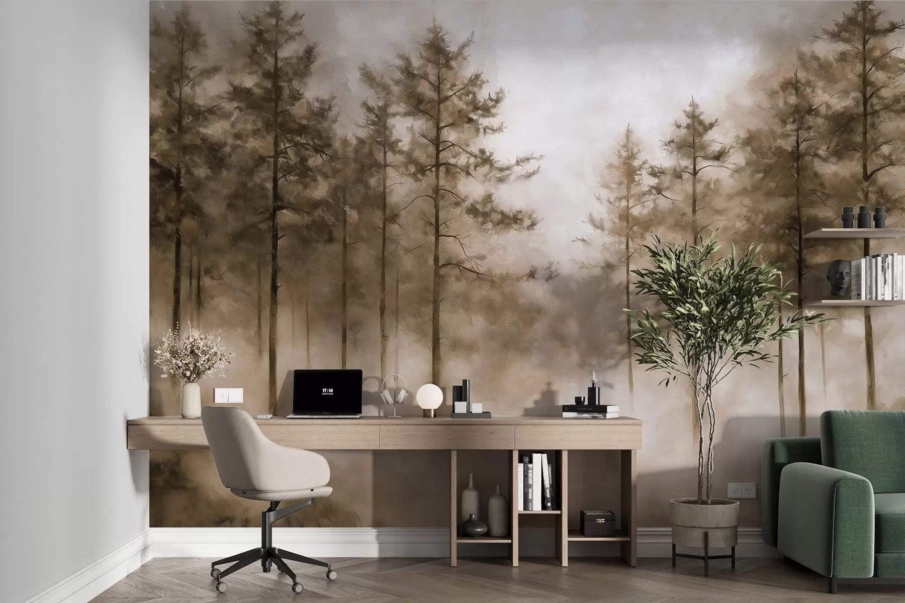 Fotobehang Mystiek bos, dennenbomen, mist, acrylverf, beige kleuren w02149v1
