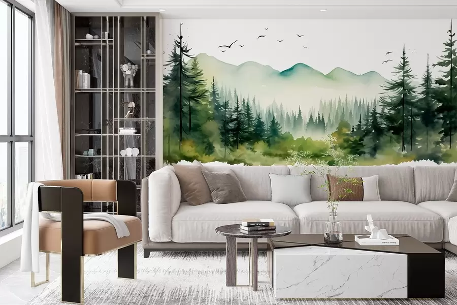 Fotobehang Aquarel bos- en berglandschappen, groen kleurenpalet  w02150