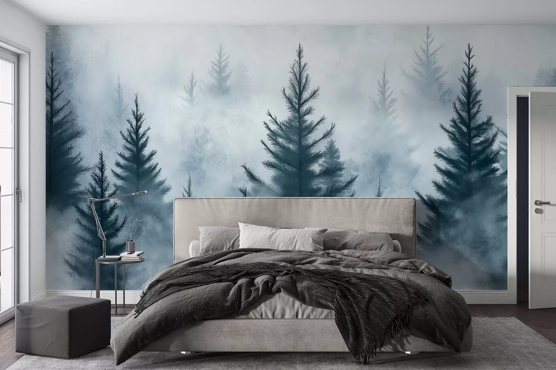 Fotobehang Bos in de mist, pijnbomen, aquarel, blauwe kleuren w02152