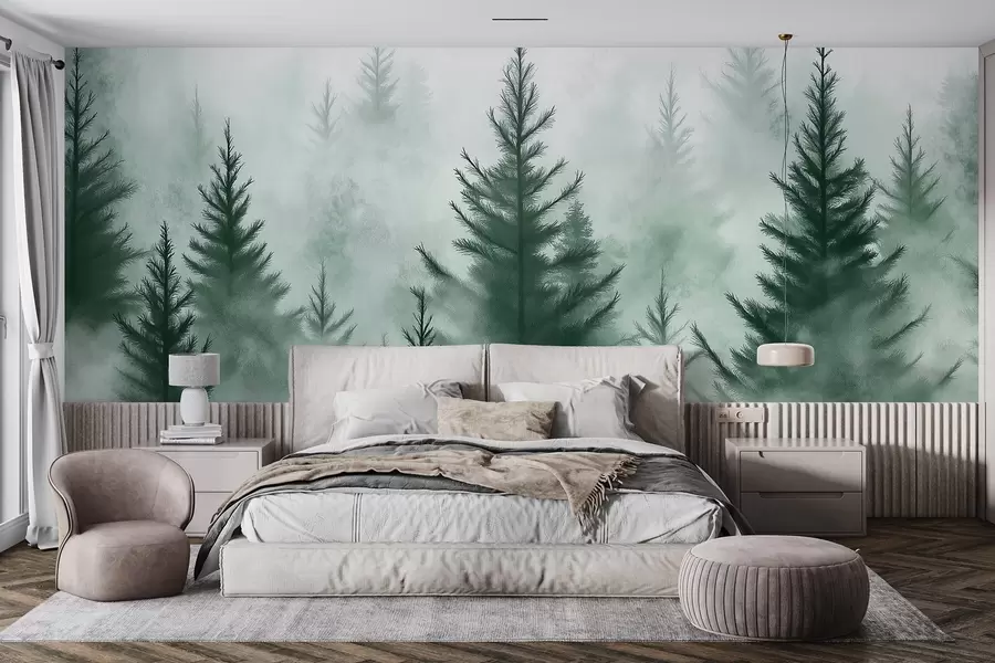Fotobehang Bos in de mist, pijnbomen, aquarel, groene kleuren w02152v1