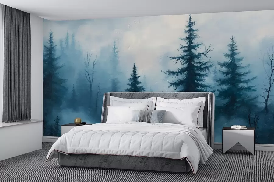 Fotobehang Donkerblauw bos, olieverfschilderij, penseelstreken, natuur w02153