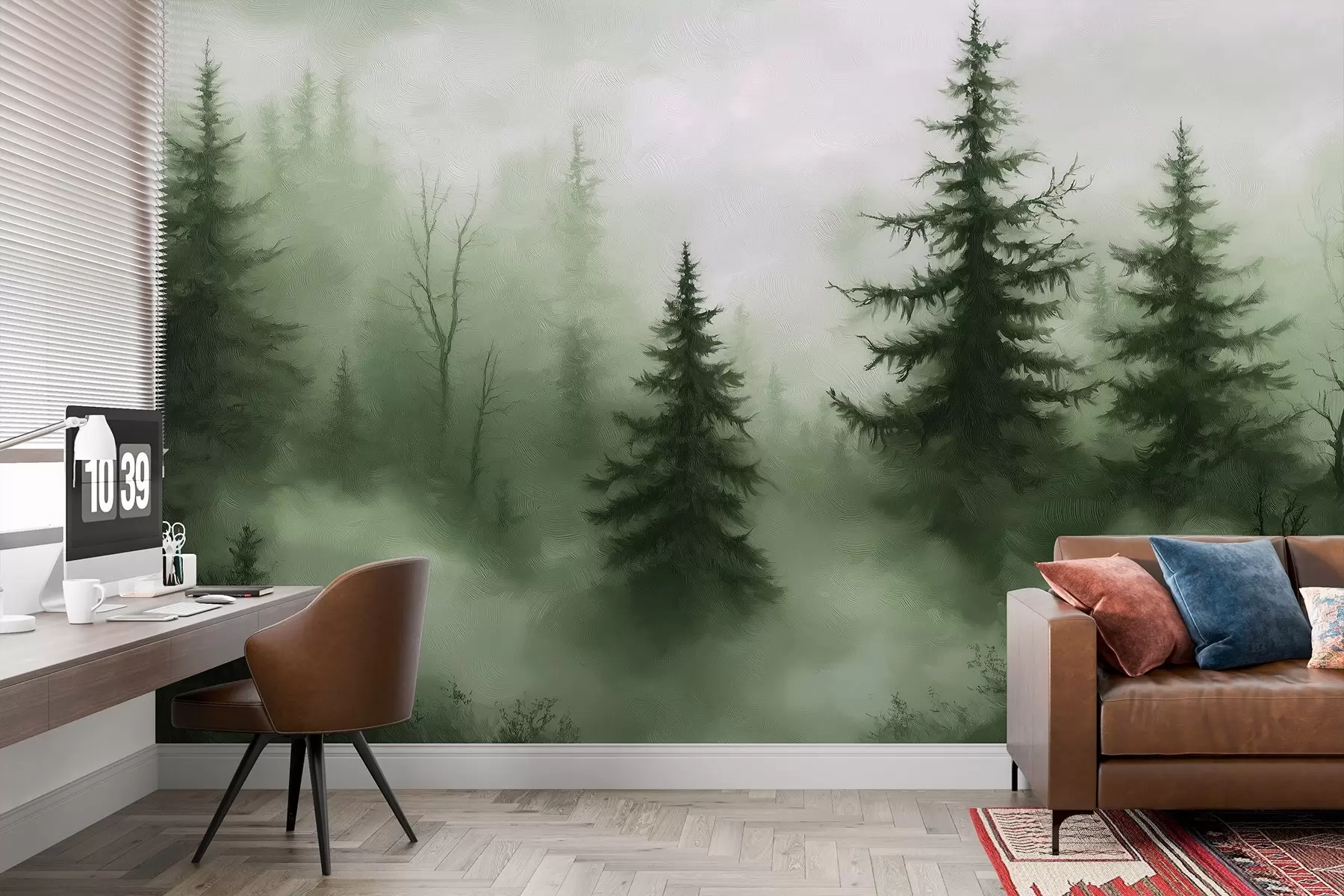 Fotobehang Donkergroen bos, olieverfschilderij, penseelstreken, natuur w02153v1