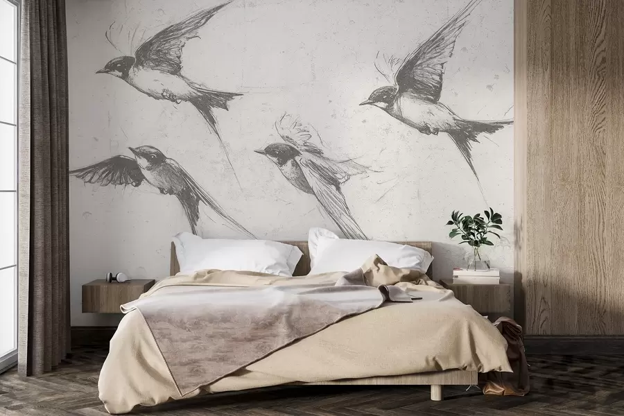 Fotobehang Vliegende vogels, inkttekening, minimalisme, grijze kleuren w02155