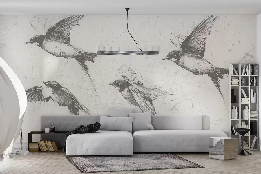 Fotobehang Vliegende vogels, inkttekening, minimalisme, grijze kleuren w02155