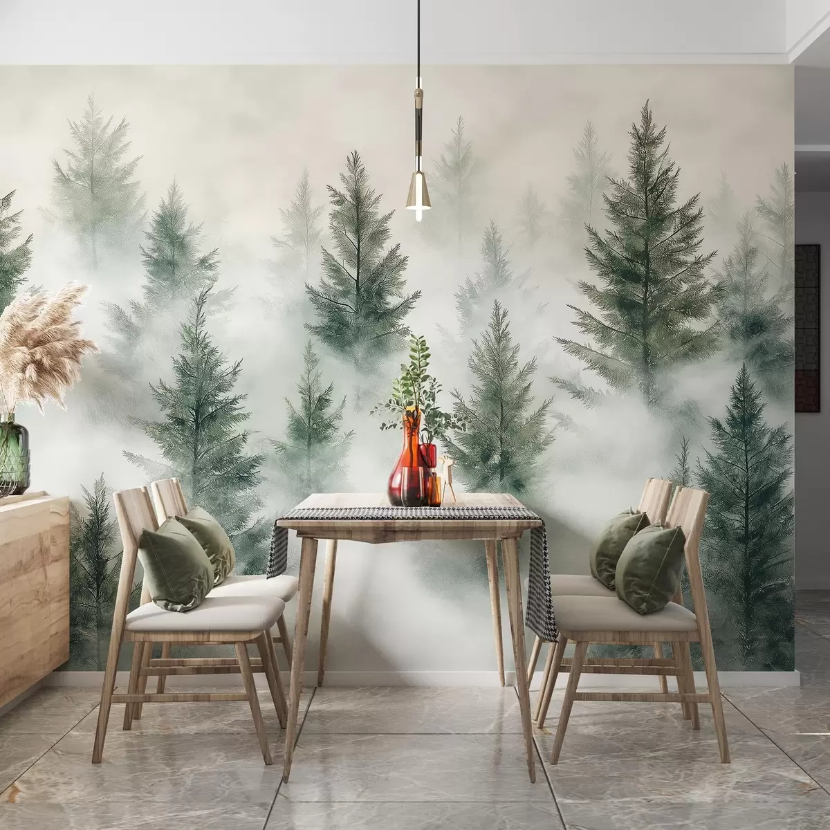 Fotobehang Mooi bos met pijnbomen, mist, natuurlandschappen, groene kleuren w02222