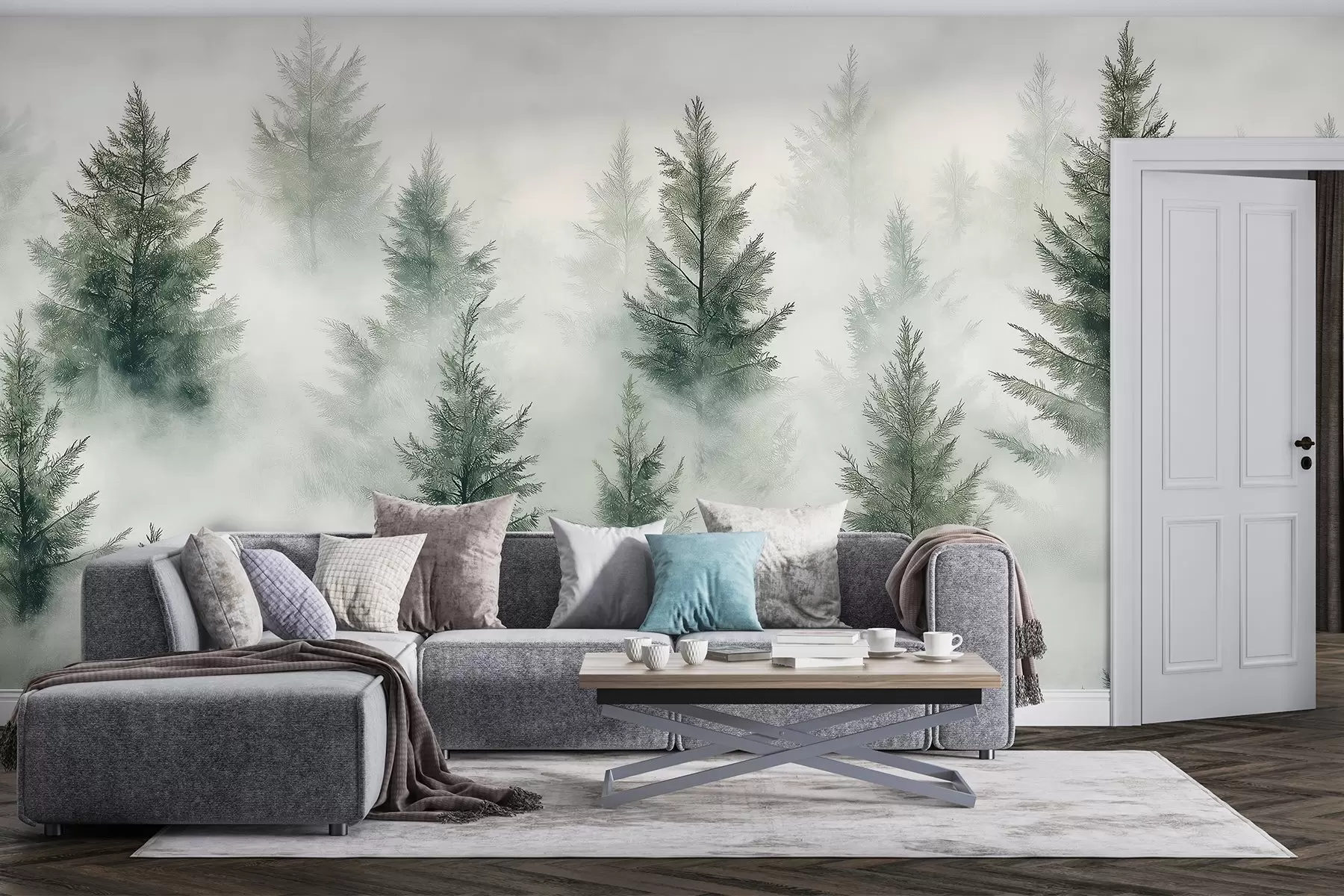 Fotobehang Mooi bos met pijnbomen, mist, natuurlandschappen, groene kleuren w02222