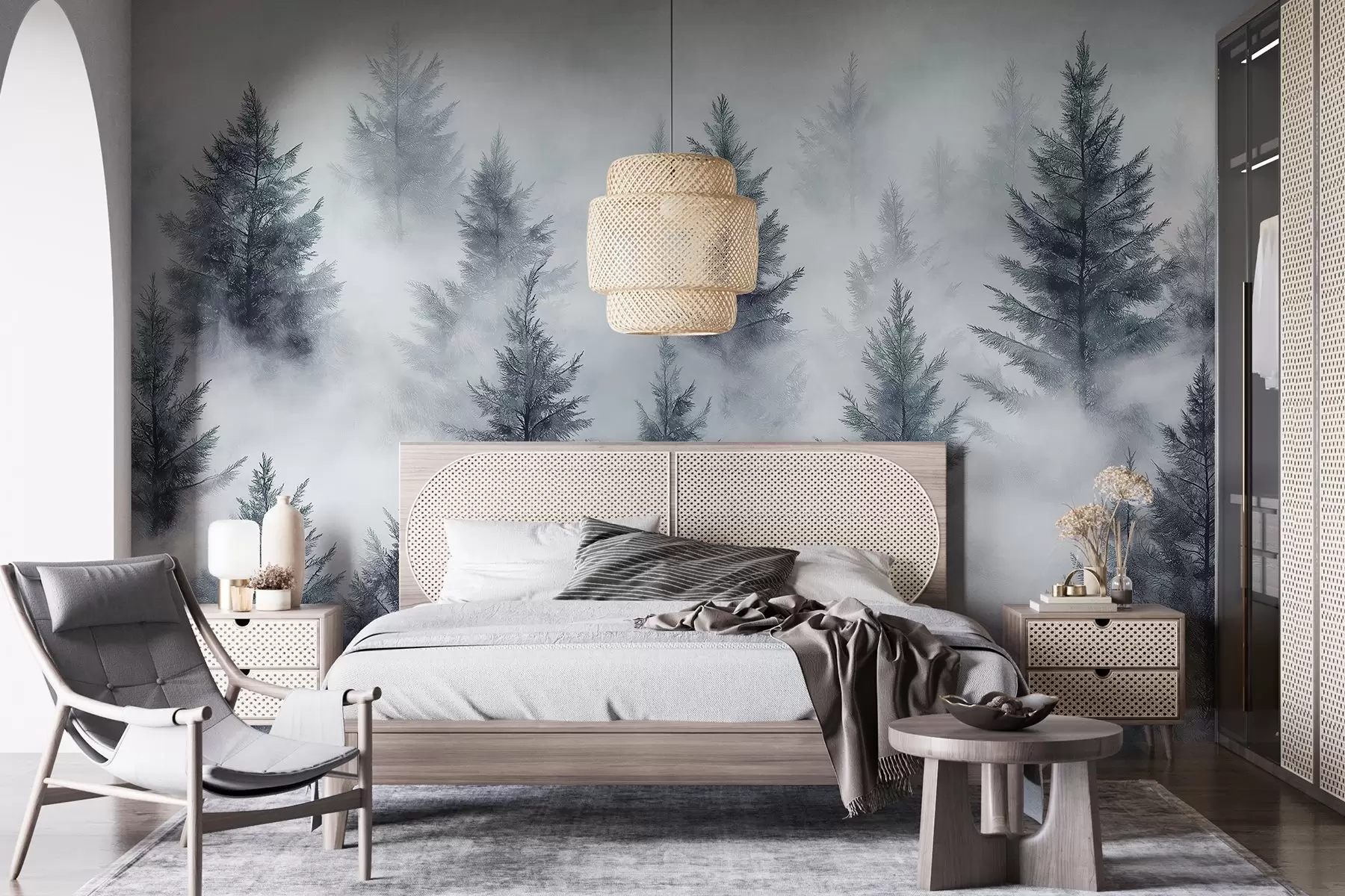 Fotobehang Mooi bos met pijnbomen, mist, natuurlandschappen, grijze kleuren w02222v2