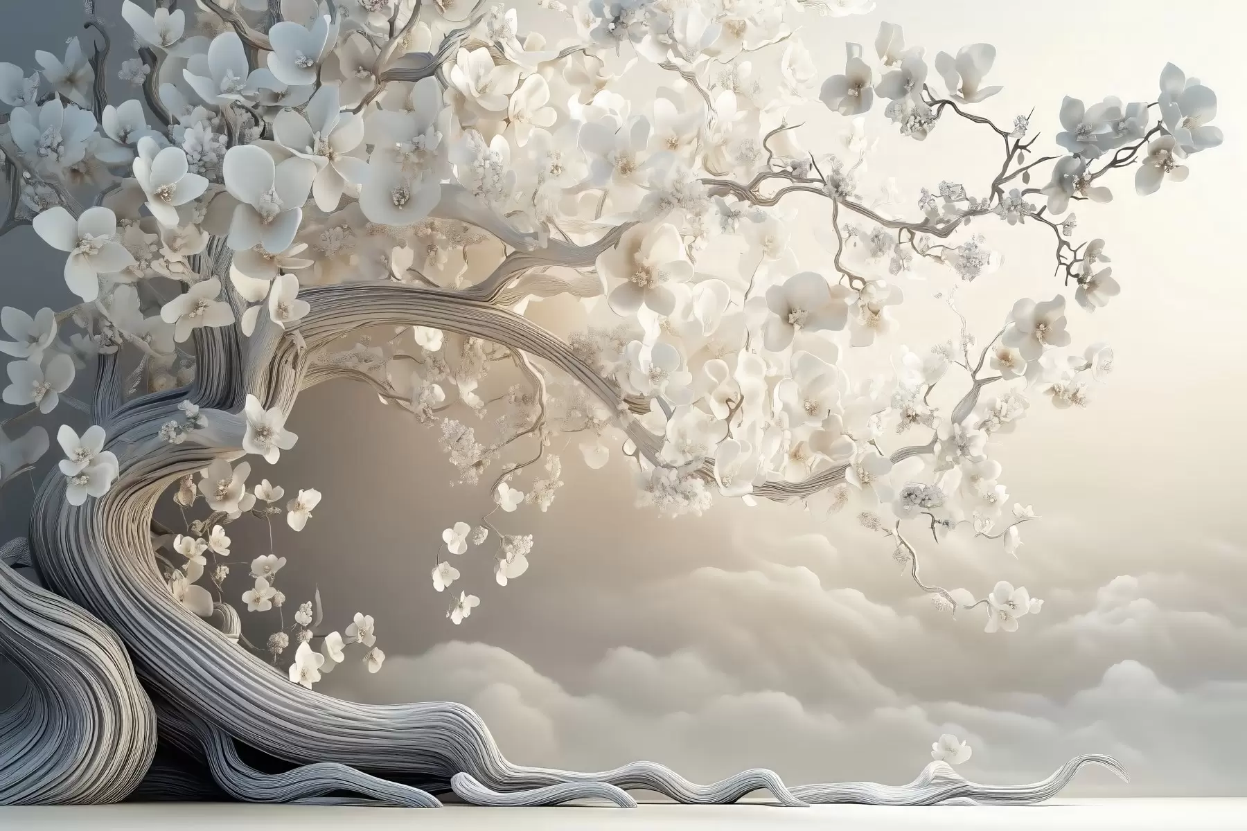 Fotobehang Een charmante boom met witte bloemen tegen de achtergrond van wolken in een interessante stijl in delicate warme kleuren w02133