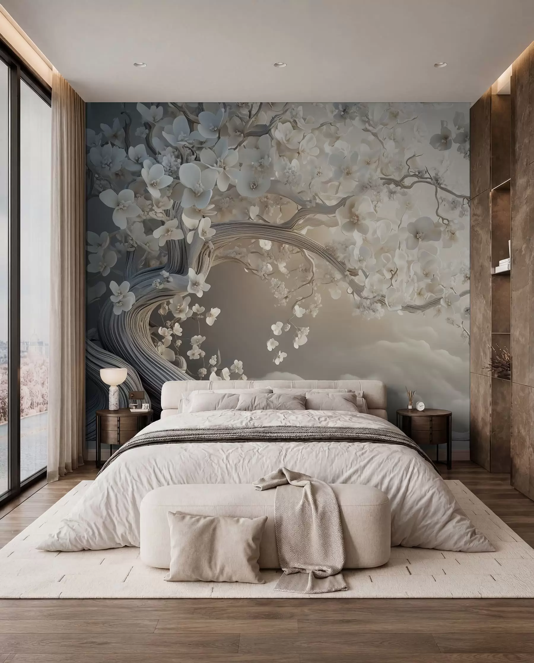 Fotobehang Een charmante boom met witte bloemen tegen de achtergrond van wolken in een interessante stijl in delicate warme kleuren w02133