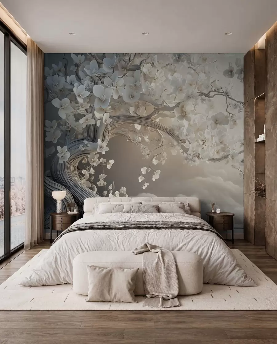 Fotobehang Een charmante boom met witte bloemen tegen de achtergrond van wolken in een interessante stijl in delicate warme kleuren w02133