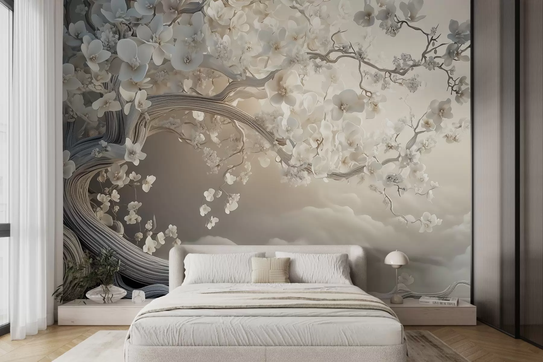 Fotobehang Een charmante boom met witte bloemen tegen de achtergrond van wolken in een interessante stijl in delicate warme kleuren w02133