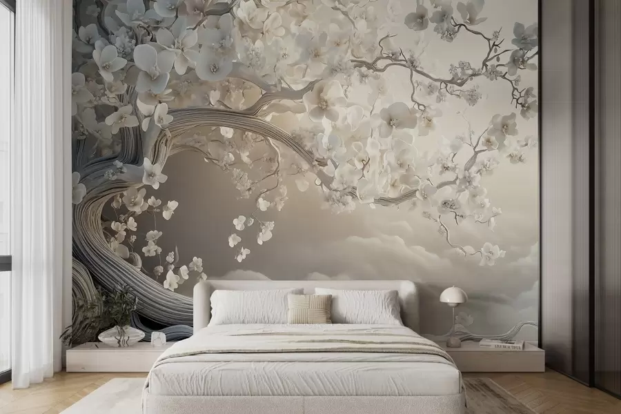 Fotobehang Een charmante boom met witte bloemen tegen de achtergrond van wolken in een interessante stijl in delicate warme kleuren w02133