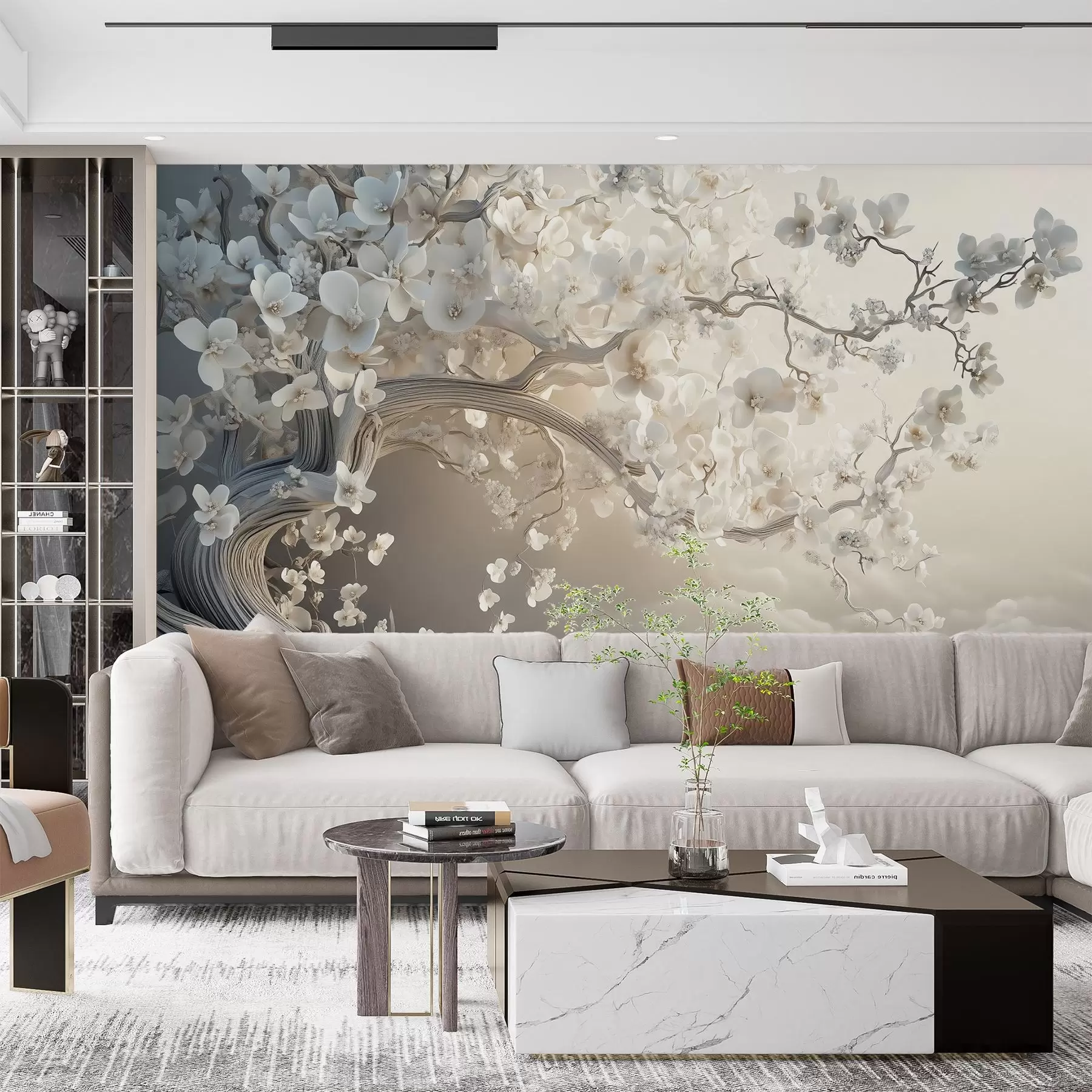  Schilderijen Een charmante boom met witte bloemen tegen de achtergrond van wolken in een interessante stijl in delicate warme kleuren w02133