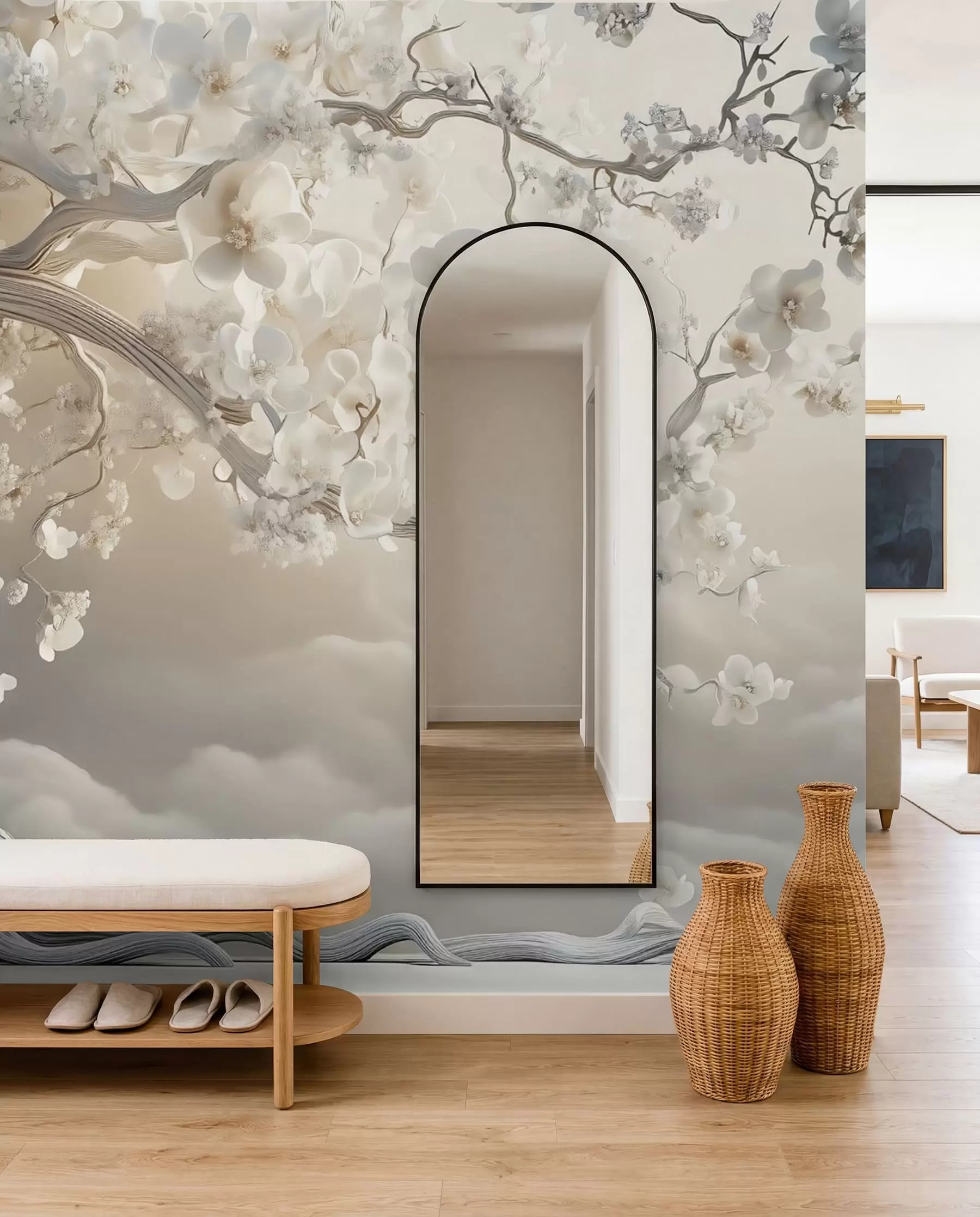 Fotobehang Een charmante boom met witte bloemen tegen de achtergrond van wolken in een interessante stijl in delicate warme kleuren w02133