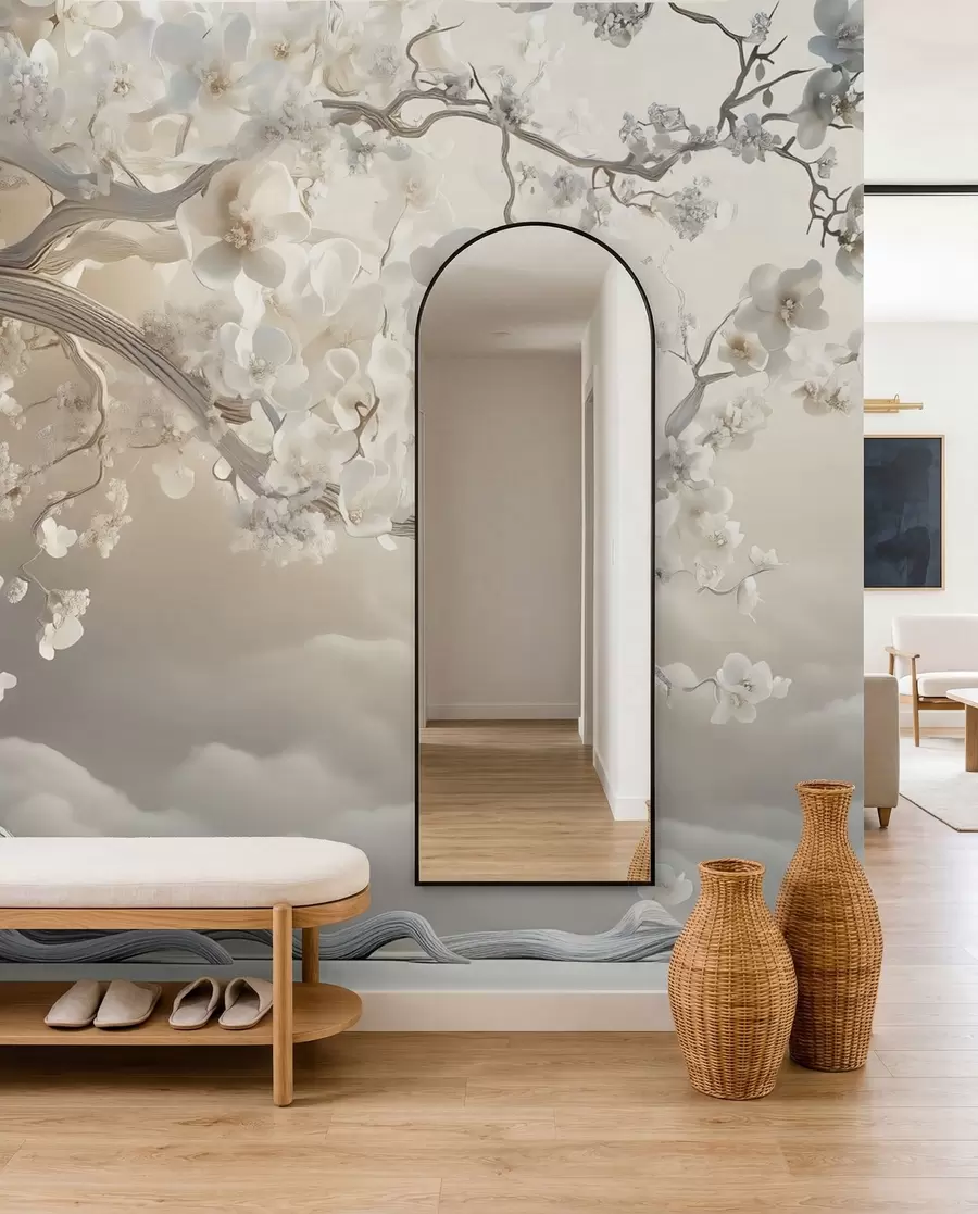 Fotobehang Een charmante boom met witte bloemen tegen de achtergrond van wolken in een interessante stijl in delicate warme kleuren w02133