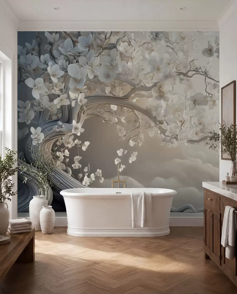 Fotobehang Een charmante boom met witte bloemen tegen de achtergrond van wolken in een interessante stijl in delicate warme kleuren w02133