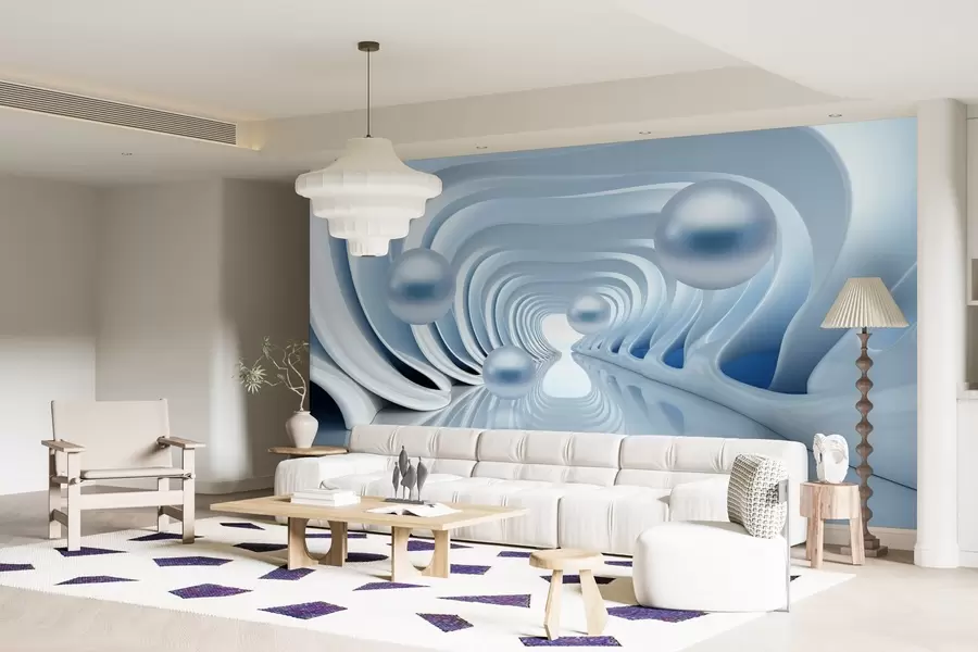 Fotobehang Futuristisch behang met een panorama van de tunnel in perspectief en vliegende parels w02134