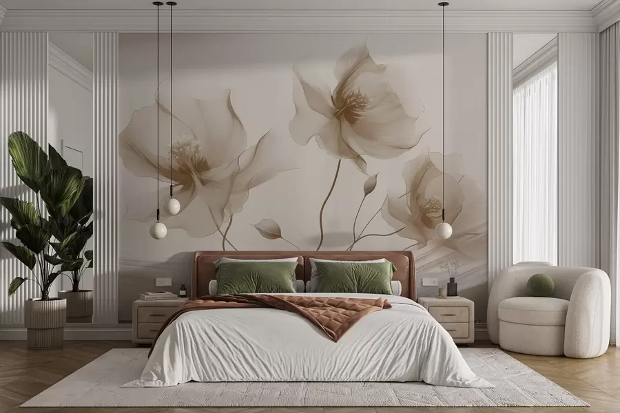 Fotobehang Drie sierlijke bloemen met doorschijnende bloemblaadjes, verweven met linten van licht en wind in beige tinten w01932