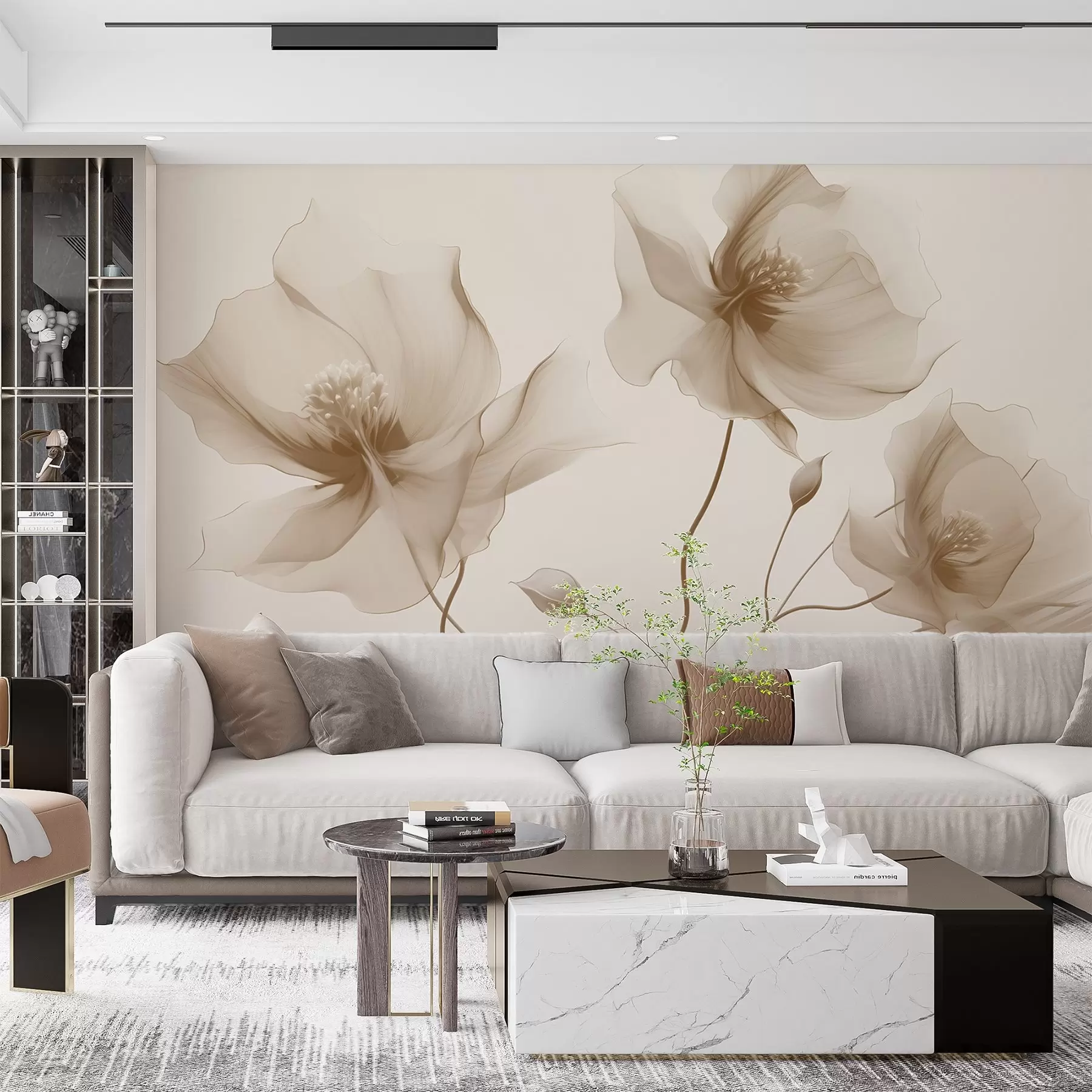  Schilderijen Drie sierlijke bloemen met doorschijnende bloemblaadjes, verweven met linten van licht en wind in beige tinten w01932