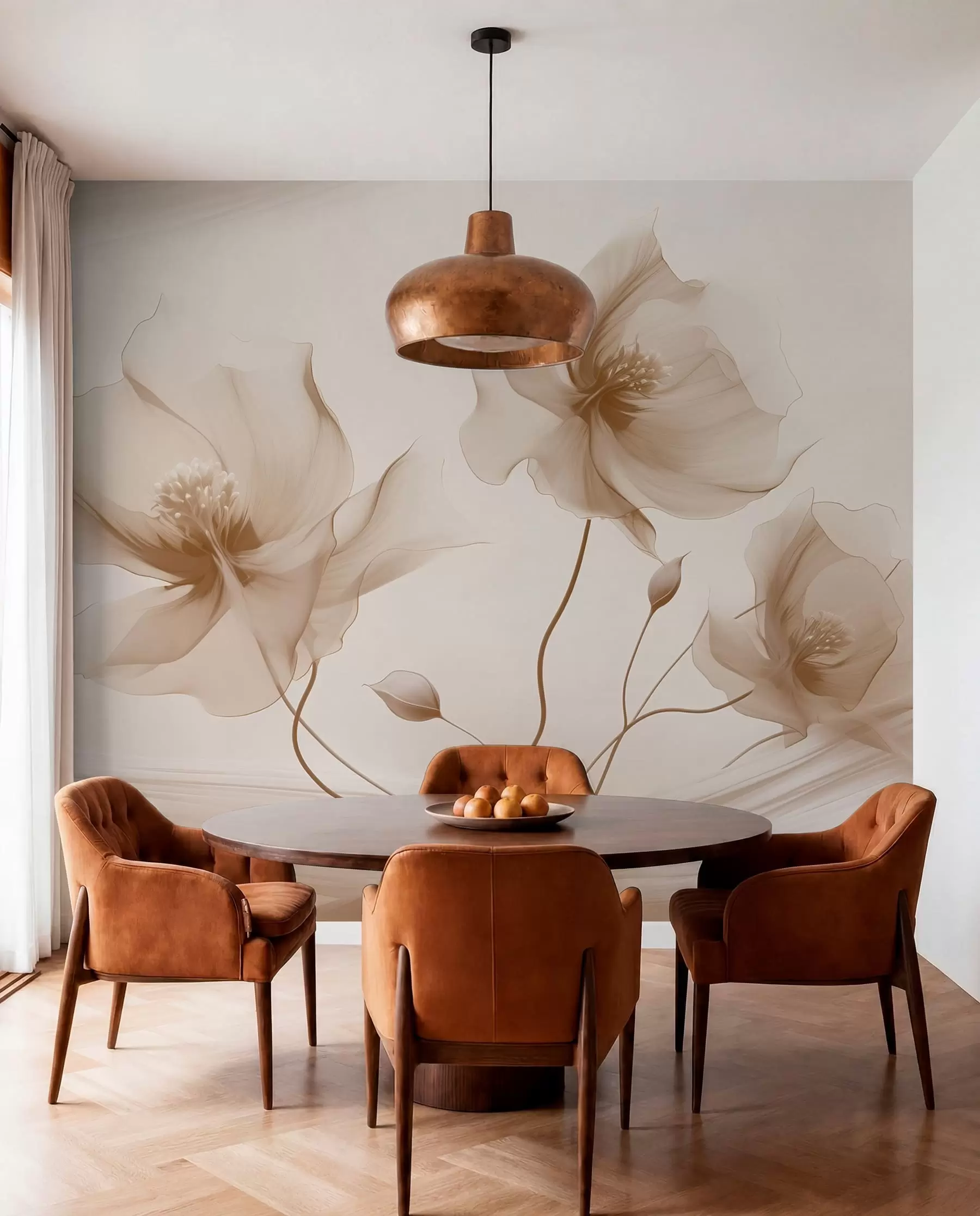 Fotobehang Drie sierlijke bloemen met doorschijnende bloemblaadjes, verweven met linten van licht en wind in beige tinten w01932