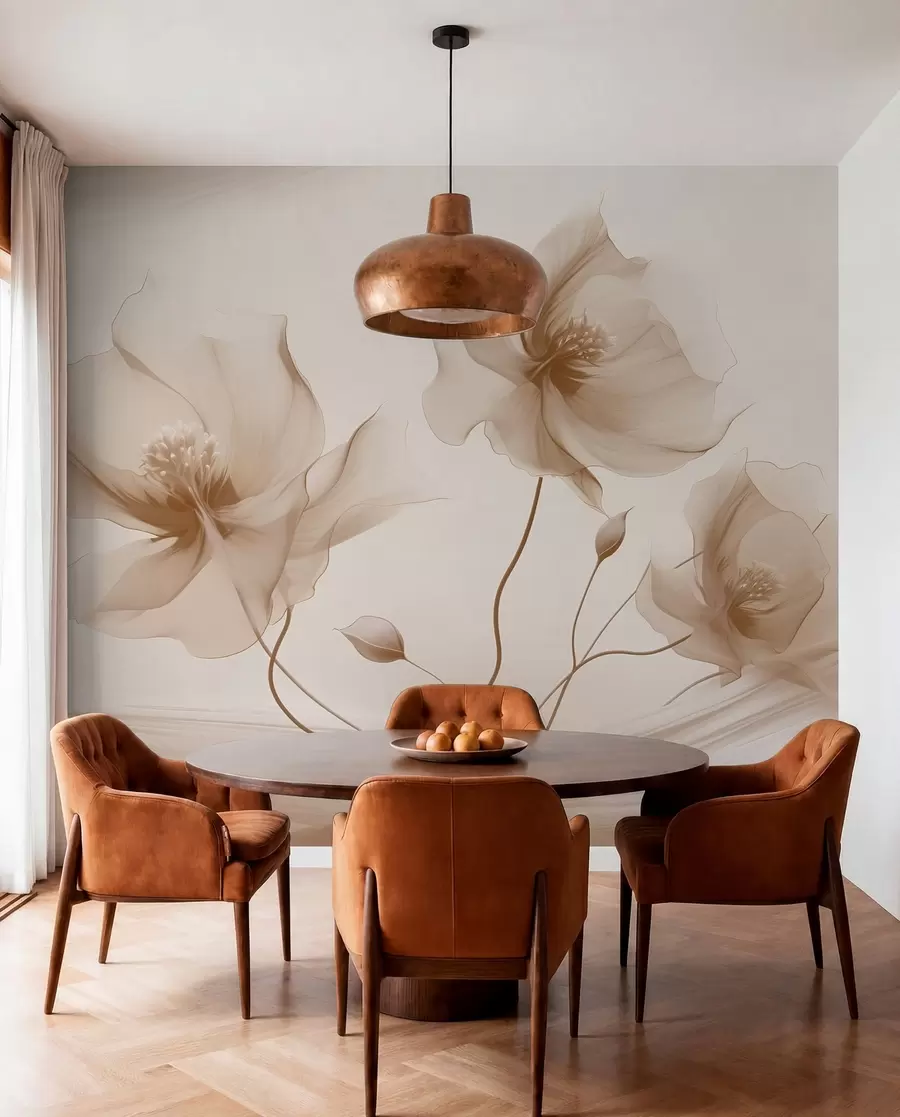 Fotobehang Drie sierlijke bloemen met doorschijnende bloemblaadjes, verweven met linten van licht en wind in beige tinten w01932