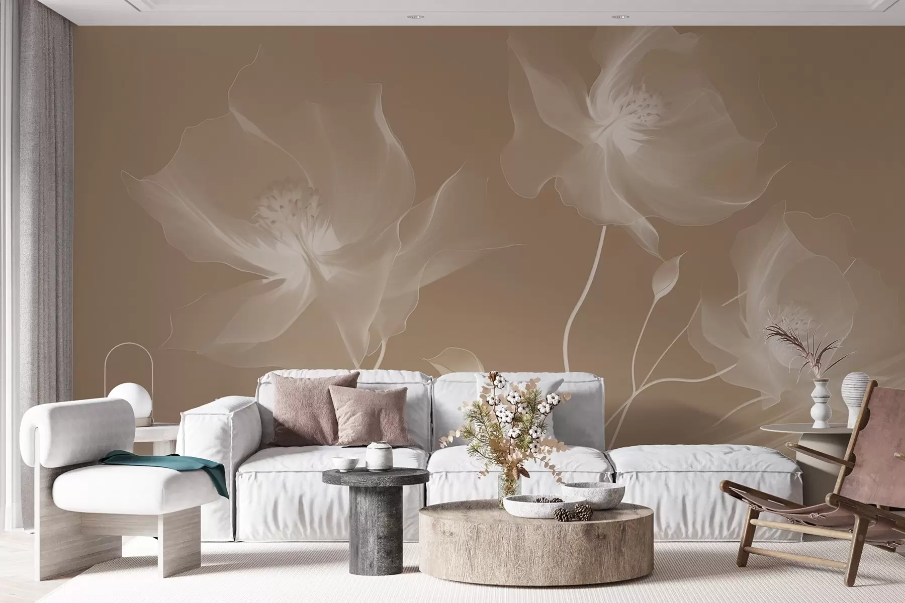Fotobehang Drie sierlijke bloemen met doorschijnende bloemblaadjes, verweven met linten van licht en wind in sepia w01932v1