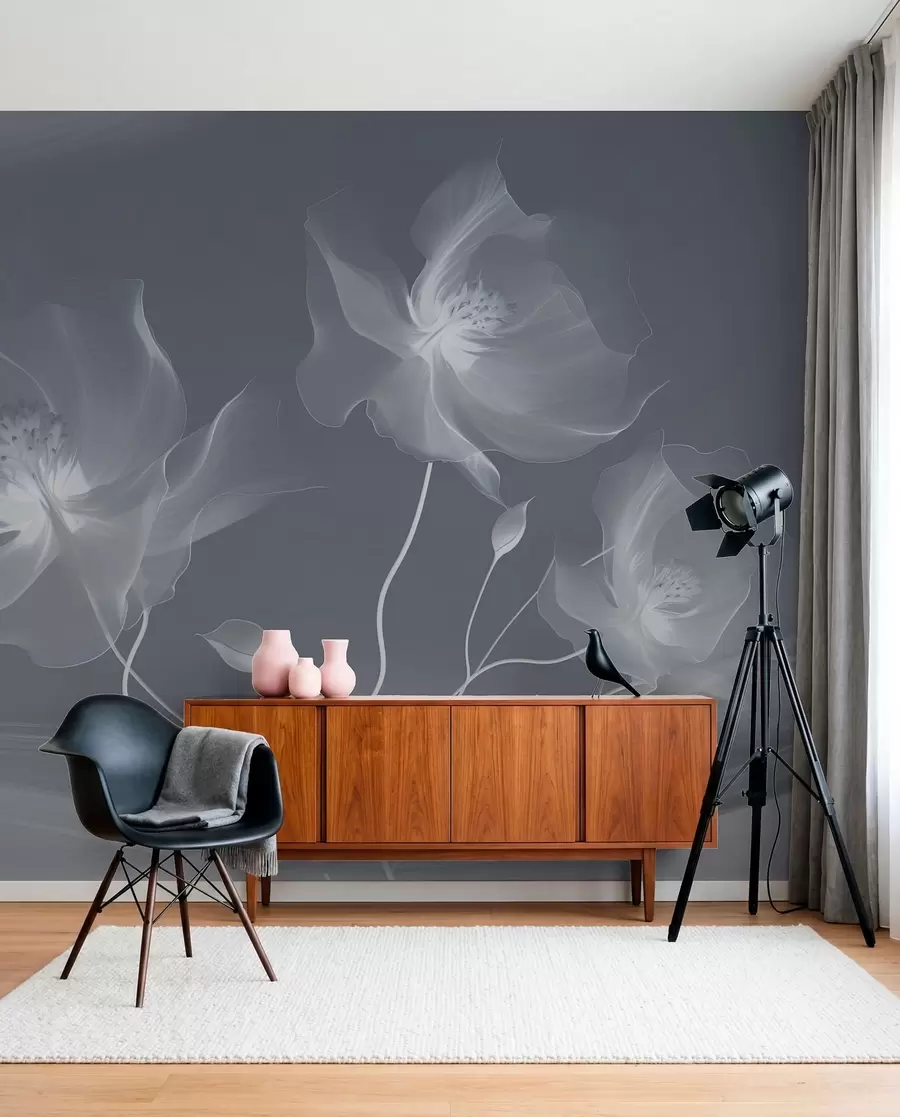 Fotobehang Drie sierlijke bloemen met doorschijnende bloemblaadjes, verweven met linten van licht en wind in blauwe tinten w01932v2