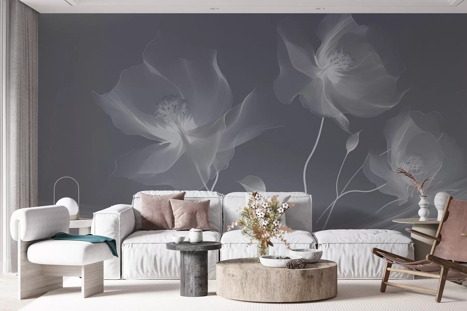 Fotobehang Drie sierlijke bloemen met doorschijnende bloemblaadjes, verweven met linten van licht en wind in blauwe tinten w01932v2