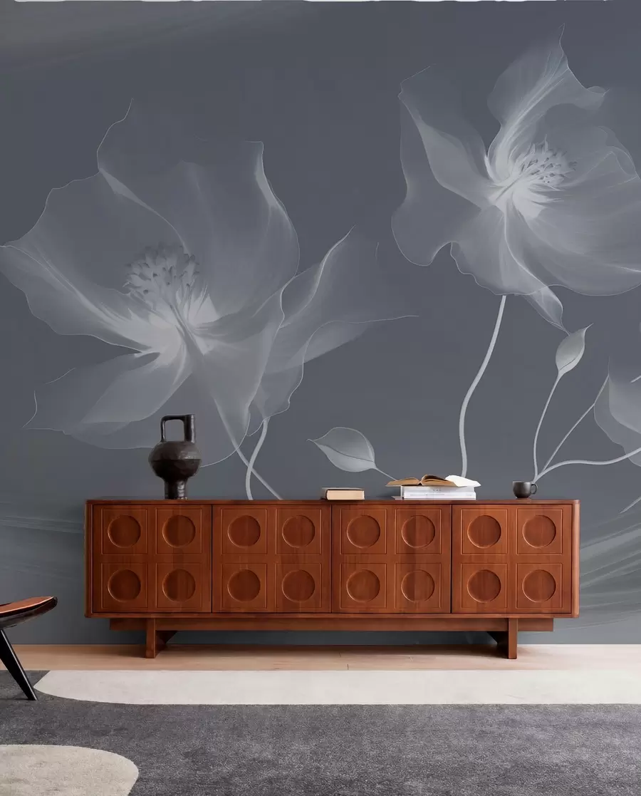 Fotobehang Drie sierlijke bloemen met doorschijnende bloemblaadjes, verweven met linten van licht en wind in blauwe tinten w01932v2