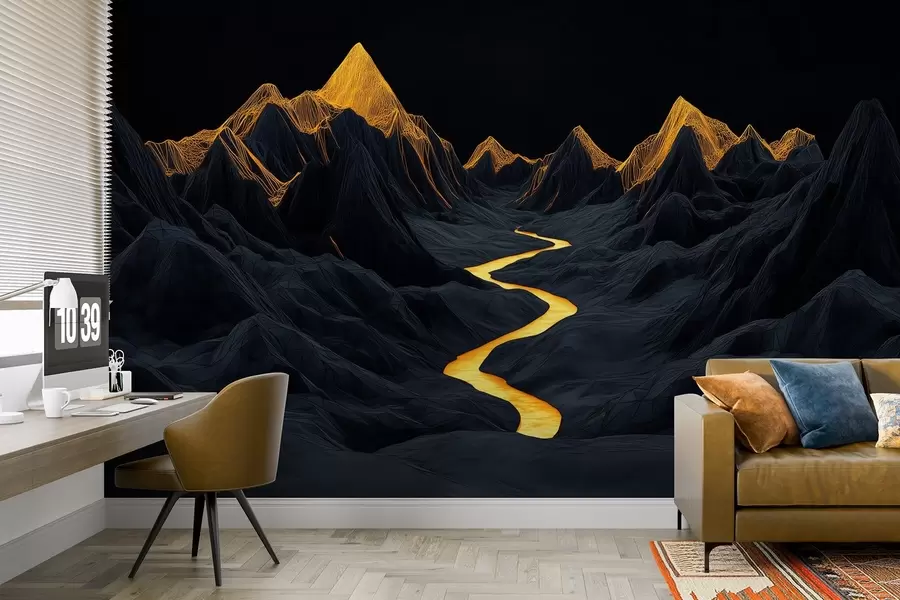 Fotobehang Veelhoekig zwart landschap en een rivier tussen de bergen w02063