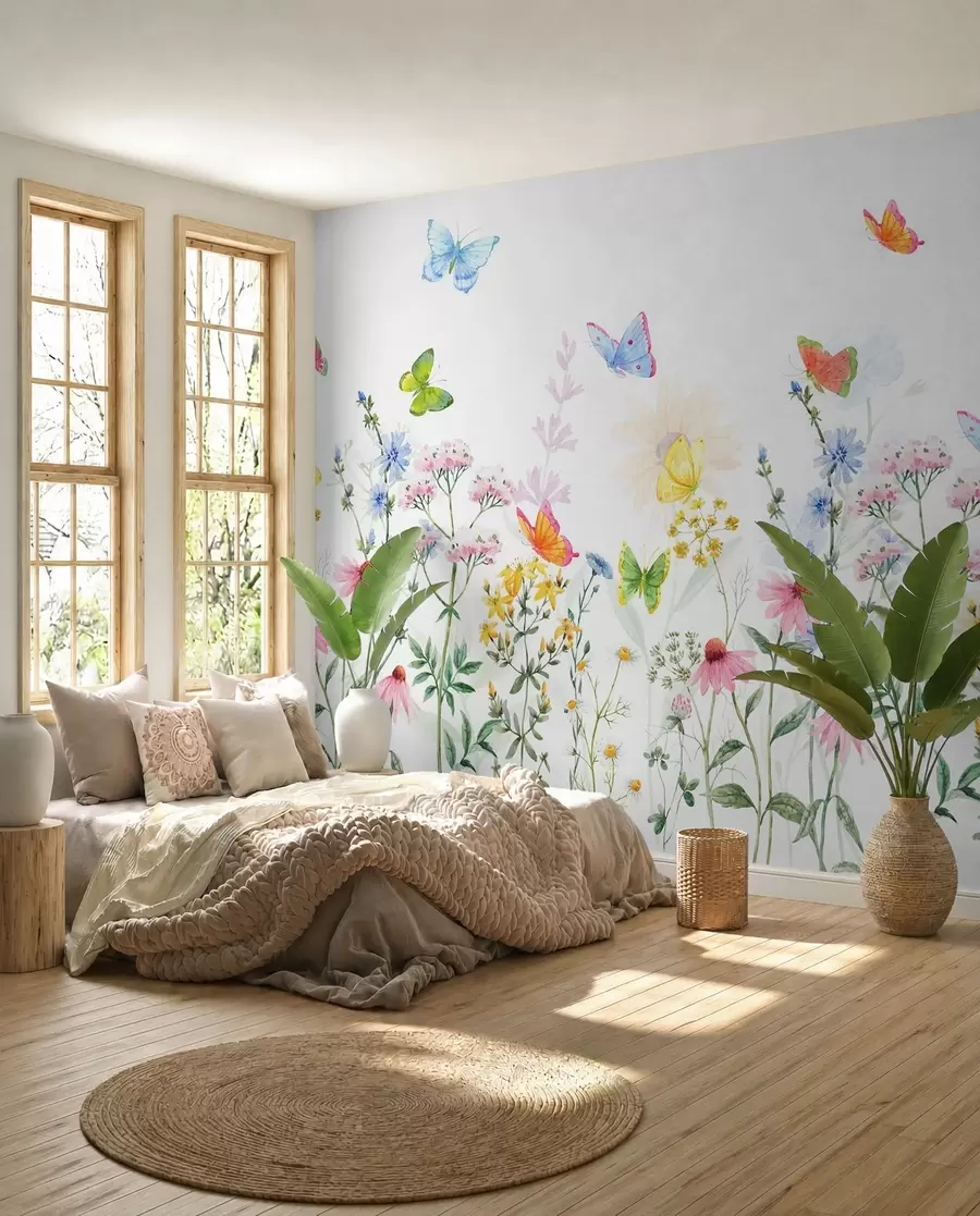 Fotobehang Kleurrijke bloemen en planten en vlinders w02238